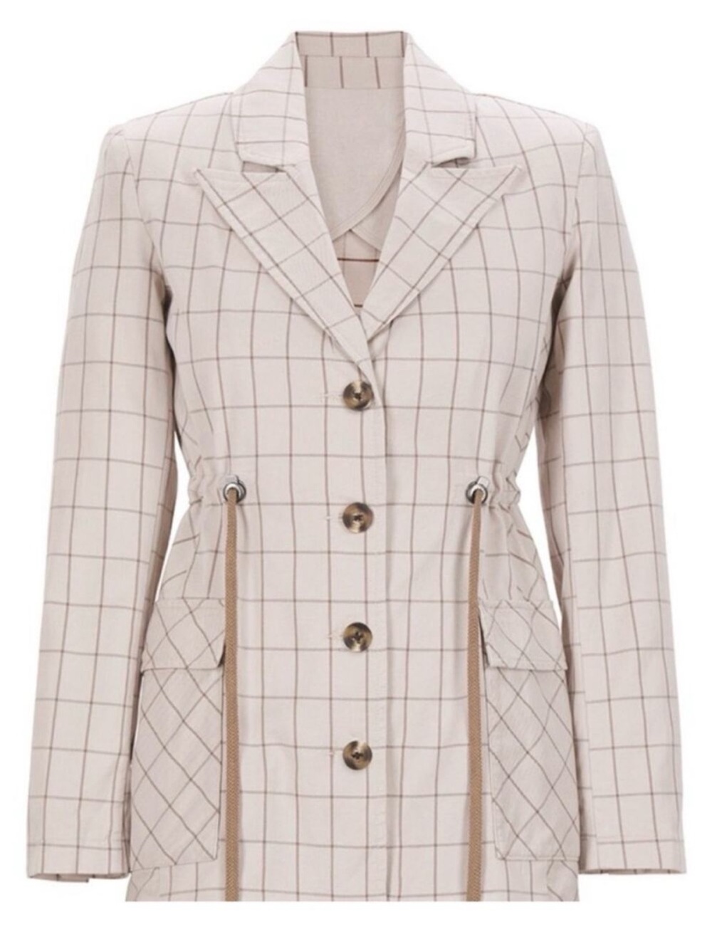 Cabi Windowpane Drawstring Waist Beige Blazer Jacket